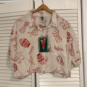 🆕 Live 4 Truth Red & Cream Tropical Cropped Button Down Blouse - XL